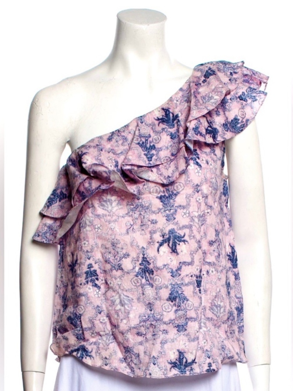 Isabel Marant Etoile one shoulder linen ruffled pink/denim blue top Size FR40/8